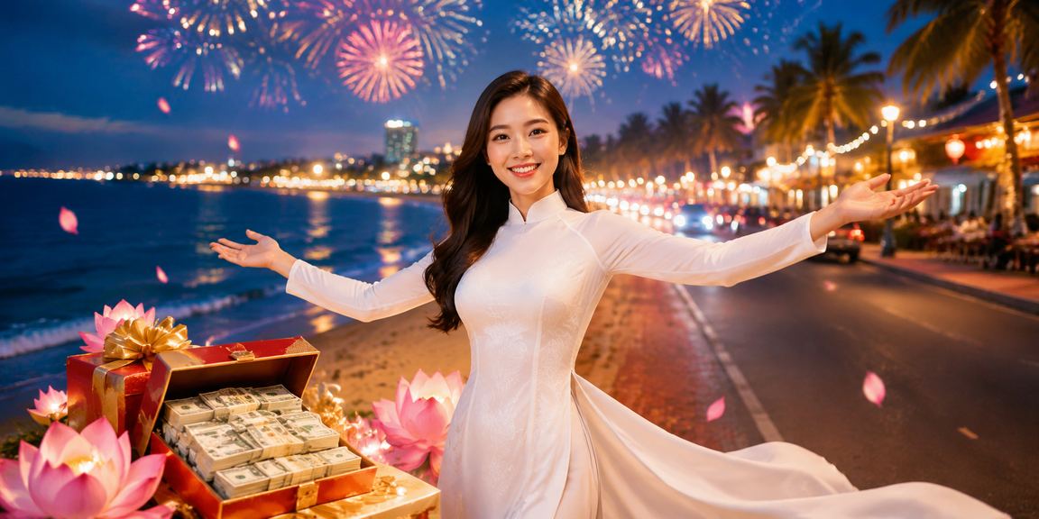 Phụ nữ mặc áo dài tại Mũi Né xem kết quả cá cược thể thao trên điện thoại buổi chiều tối